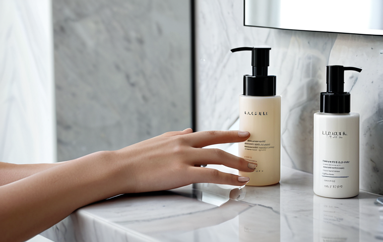 A serene and elegant display of minimalist luxury beauty products, featuring 3-5 high-quality, sleek bottles and jars (e.g., a serum, a moisturizer, a cleanser) arranged neatly on a smooth, light-colored stone vanity. A female hand, adorned with modest, professional attire, gently hovers over one of the products, suggesting a thoughtful selection process. The background is a softly blurred modern bathroom with natural light, emphasizing cleanliness and sophistication. The overall mood is calm and refined, representing conscious beauty choices. Perfect anatomy, correct proportions, natural pose, well-formed hands, proper finger count, natural body proportions, fully clothed, modest clothing, appropriate attire, professional dress, safe for work, appropriate content, professional.
